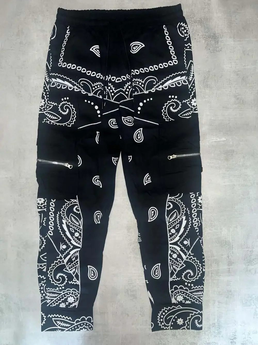 Black Paisley Bandana Print Cargo Jogger Pants
